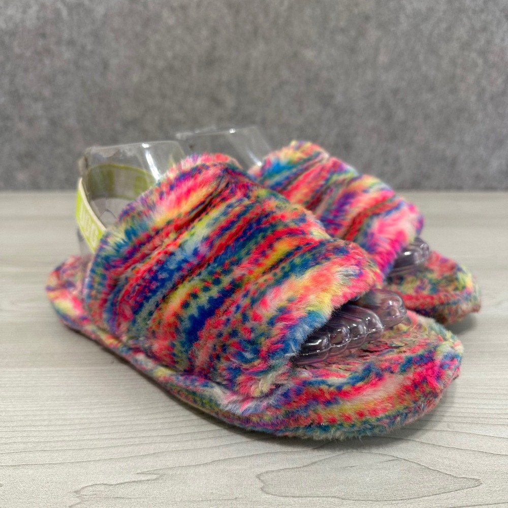 UGG Fluff Yeah Pixelate Slippers Womens 6 Multicolor Rainbow Faux Fur‎ Slingback